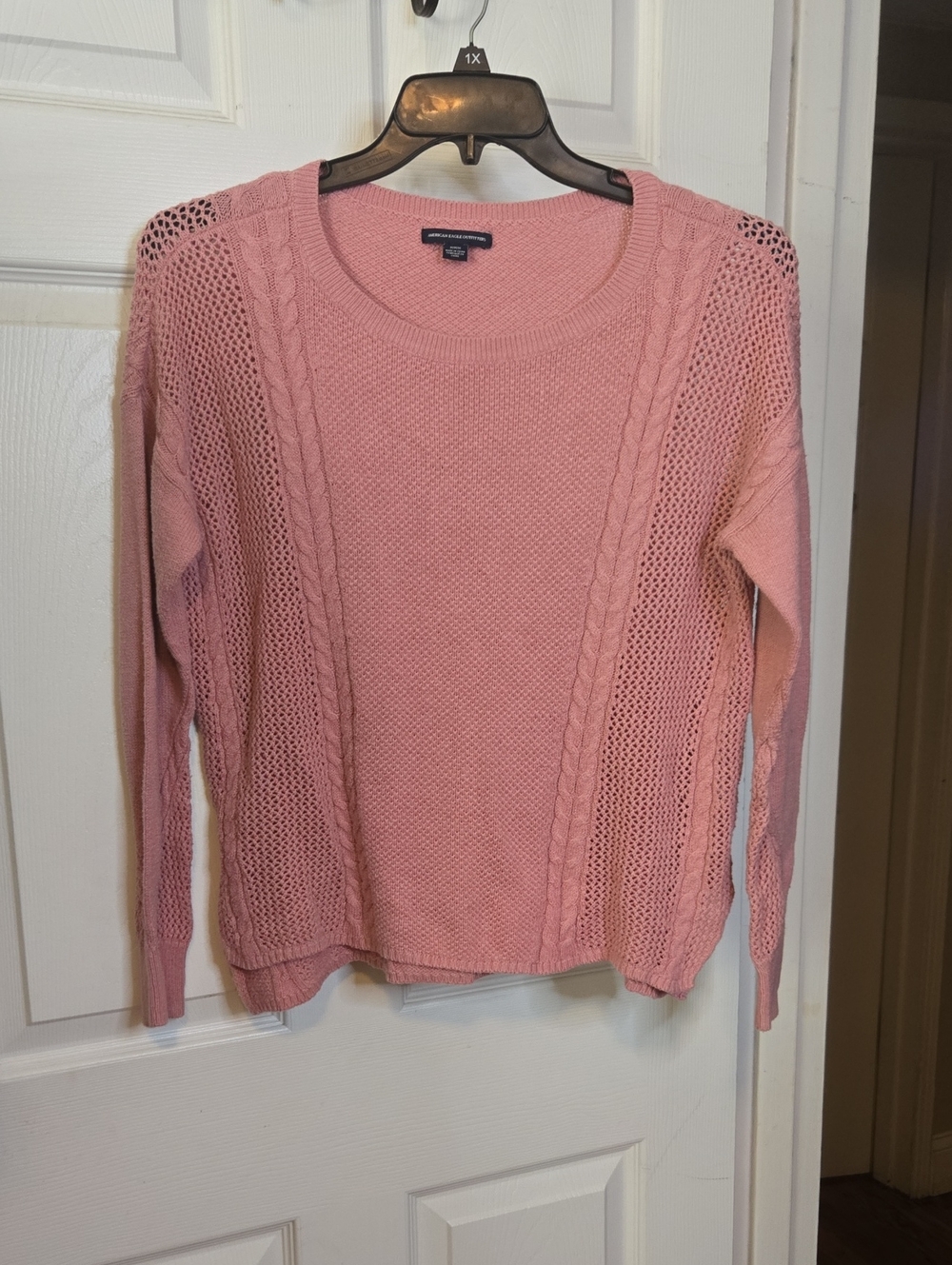 American Eagle Outfitters Blush Pink Openwork Cable-Knit Crewneck Sweater